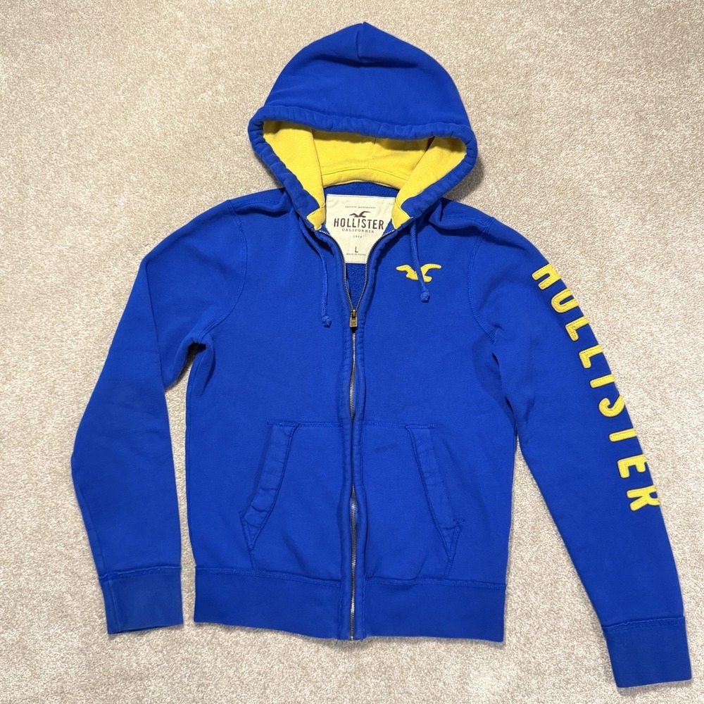 Vintage Y2K Hollister Hoodie Women *Large* Blue Full Zip Jacket Spellout Sweater